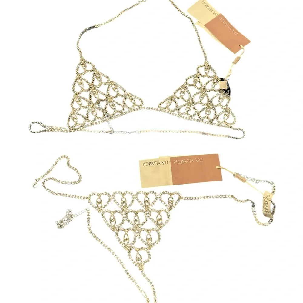 DA VEAMOR  rhinestone body chain silver bikini bra and thong set, NWT